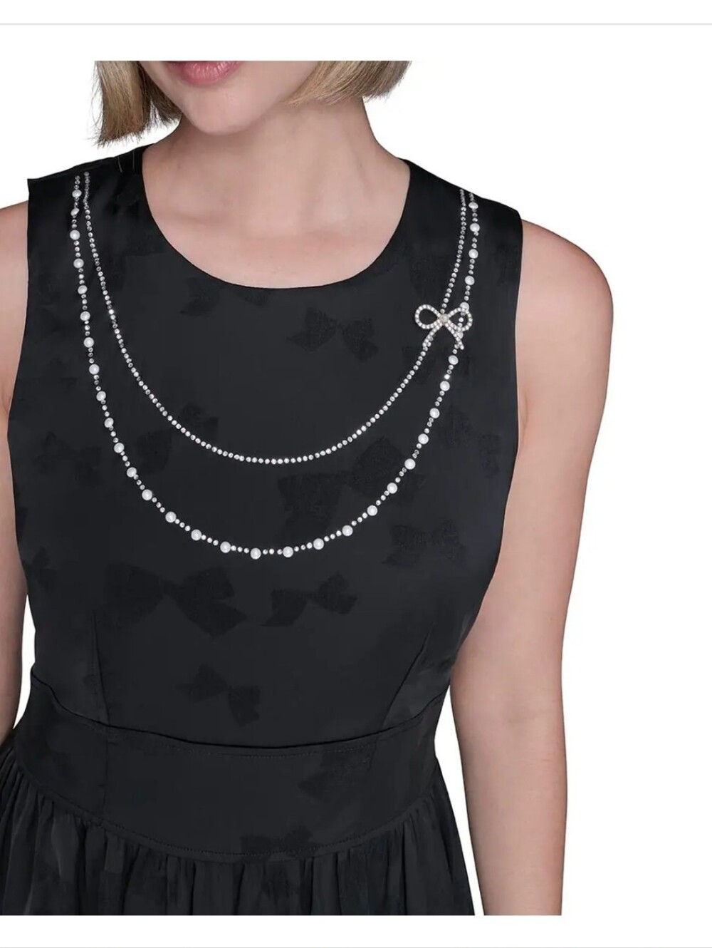 Karl Lagerfeld Black Sleeveless Dress with Printed Pearl Necklace and Bow Motif